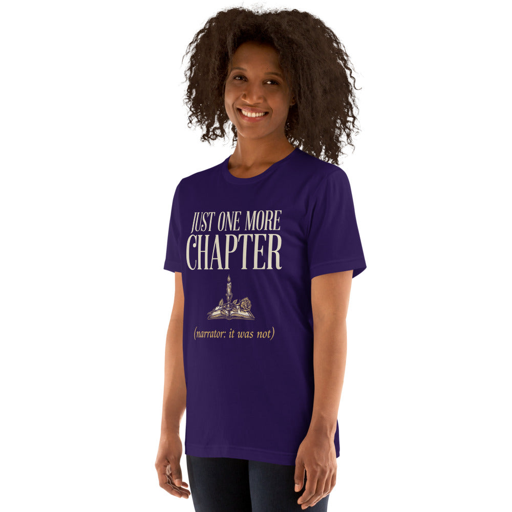 Just One More Chapter book lover dark academia tee — Team Purple, on model