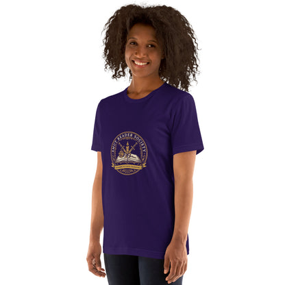 Smut Reader Society book lover dark academia tee — Team Purple, on model