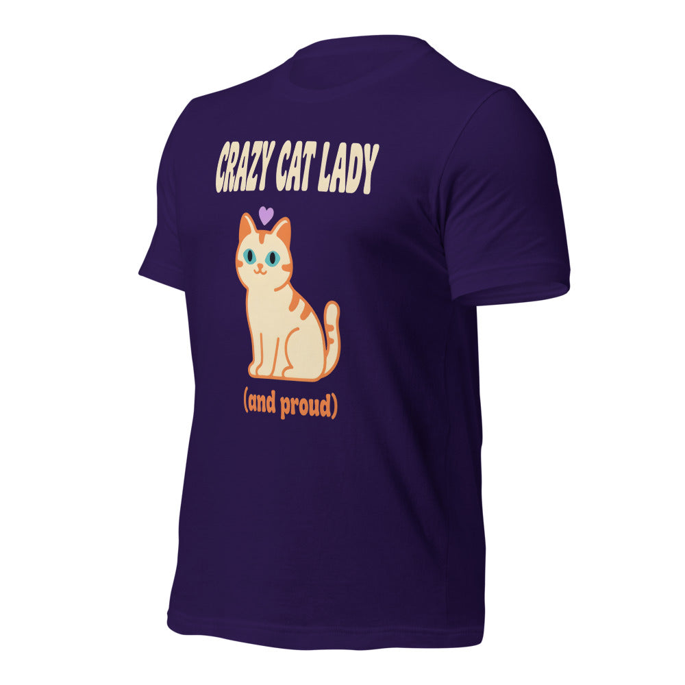 Crazy Cat Lady and Proud retro Y2K tee — Team Purple, front-right