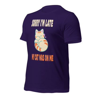Sorry I'm Late My Cat Was On Me funny cat mom t-shirt — Team Purple, front-right
