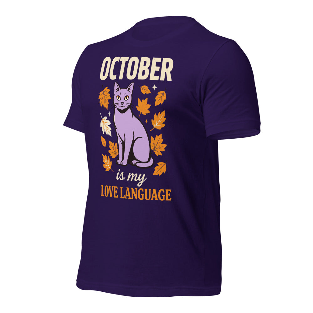 October Is My Love Language retro Halloween black cat tee — Team Purple, front right