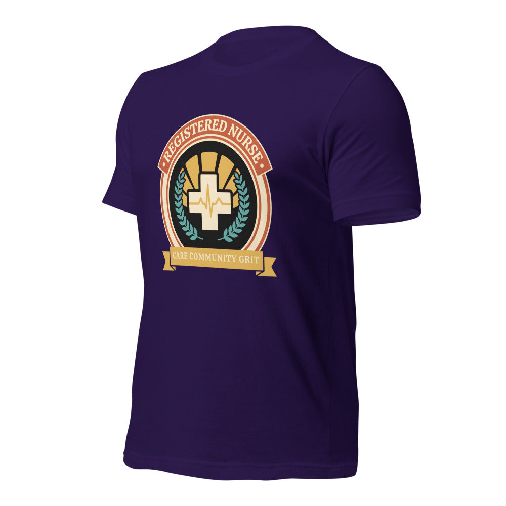 Registered Nurse vintage healthcare emblem badge tee — Team Purple, front-right