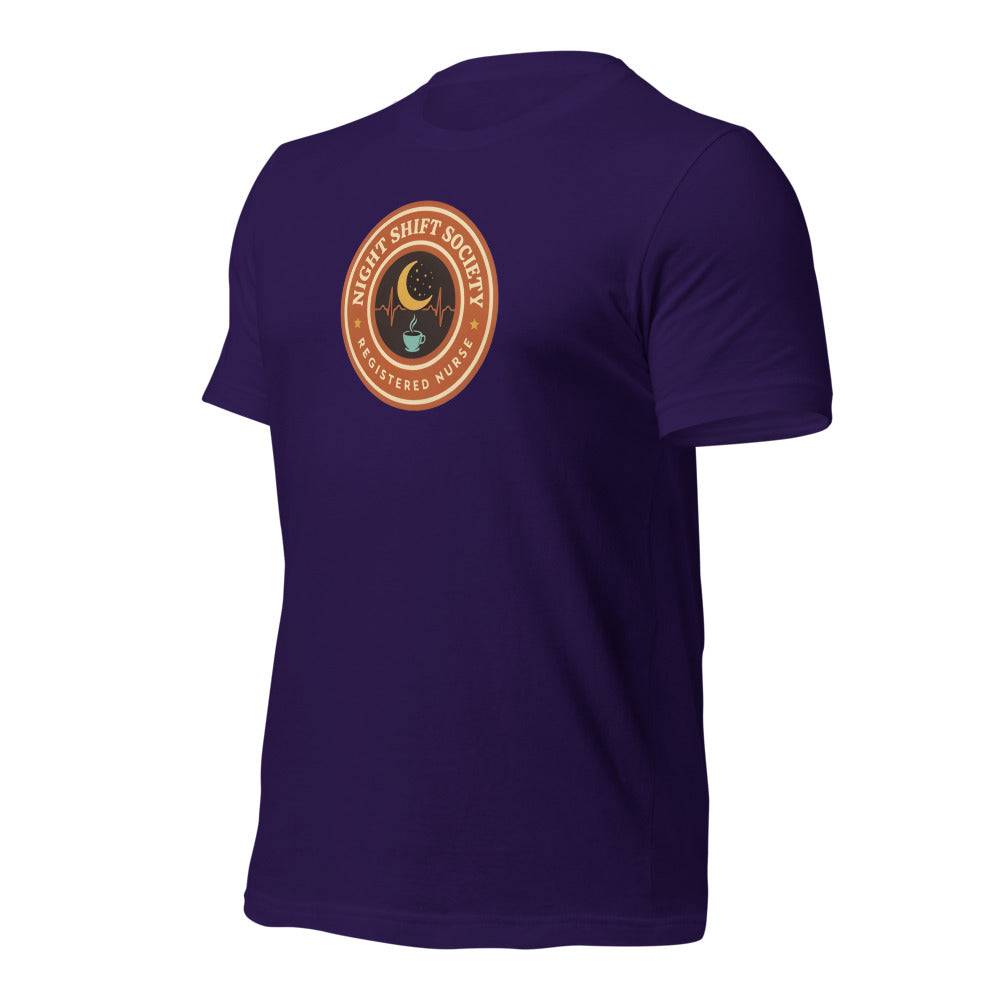 Night Shift Society retro registered nurse badge tee — Team Purple, front-right