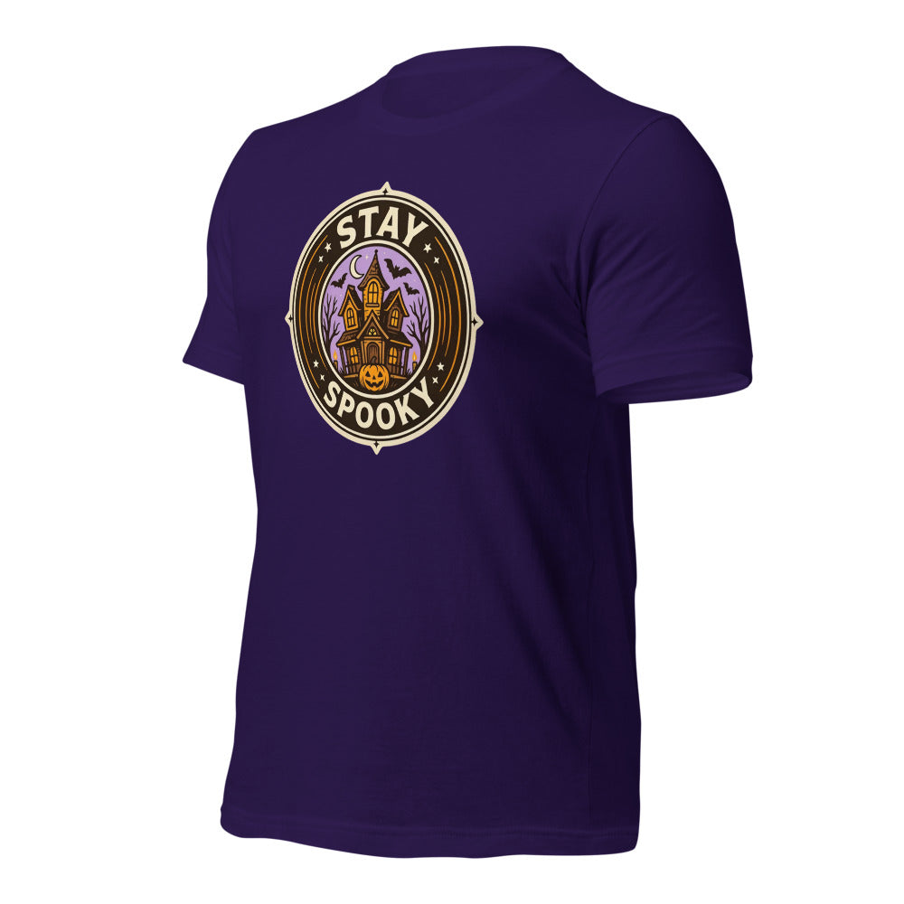 Stay Spooky retro Halloween vintage badge tee — Team Purple, front-right