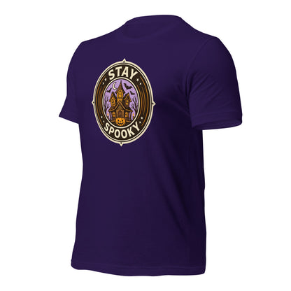 Stay Spooky retro Halloween vintage badge tee — Team Purple, front-right