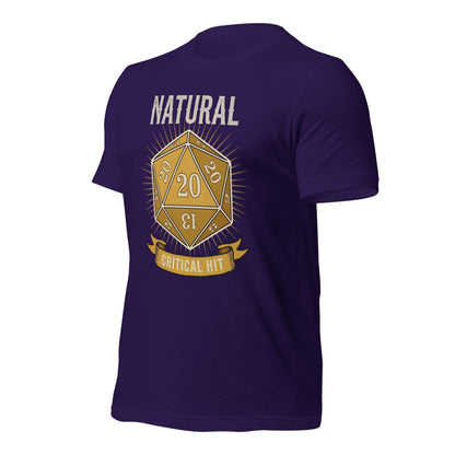 Natural 20 critical hit d20 tabletop RPG tee — Team Purple, front-right