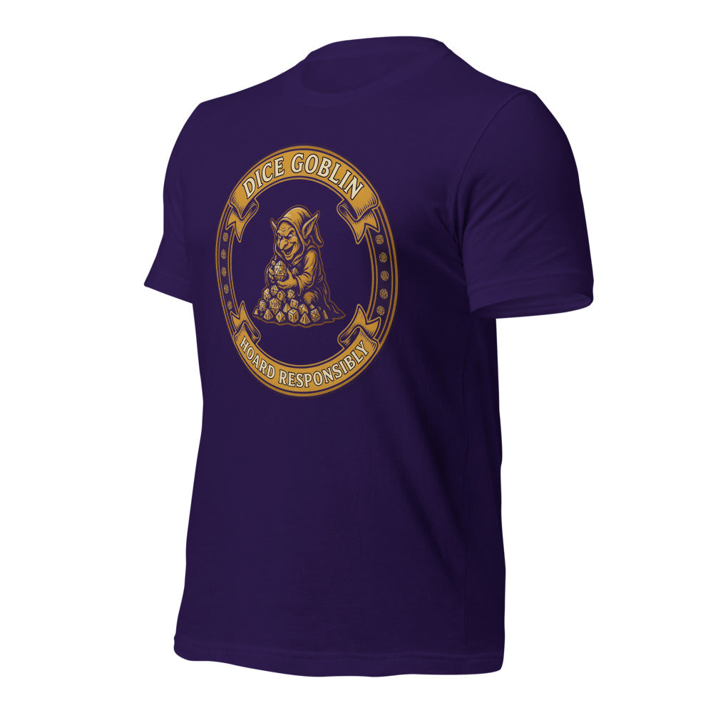 Dice Goblin Hoard Responsibly tabletop RPG tee — Team Purple, front-right