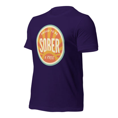 Sober & Proud retro sunburst tee — Team Purple, front-right