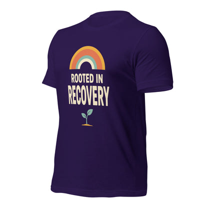 Rooted in Recovery retro rainbow tee — Team Purple, front-right