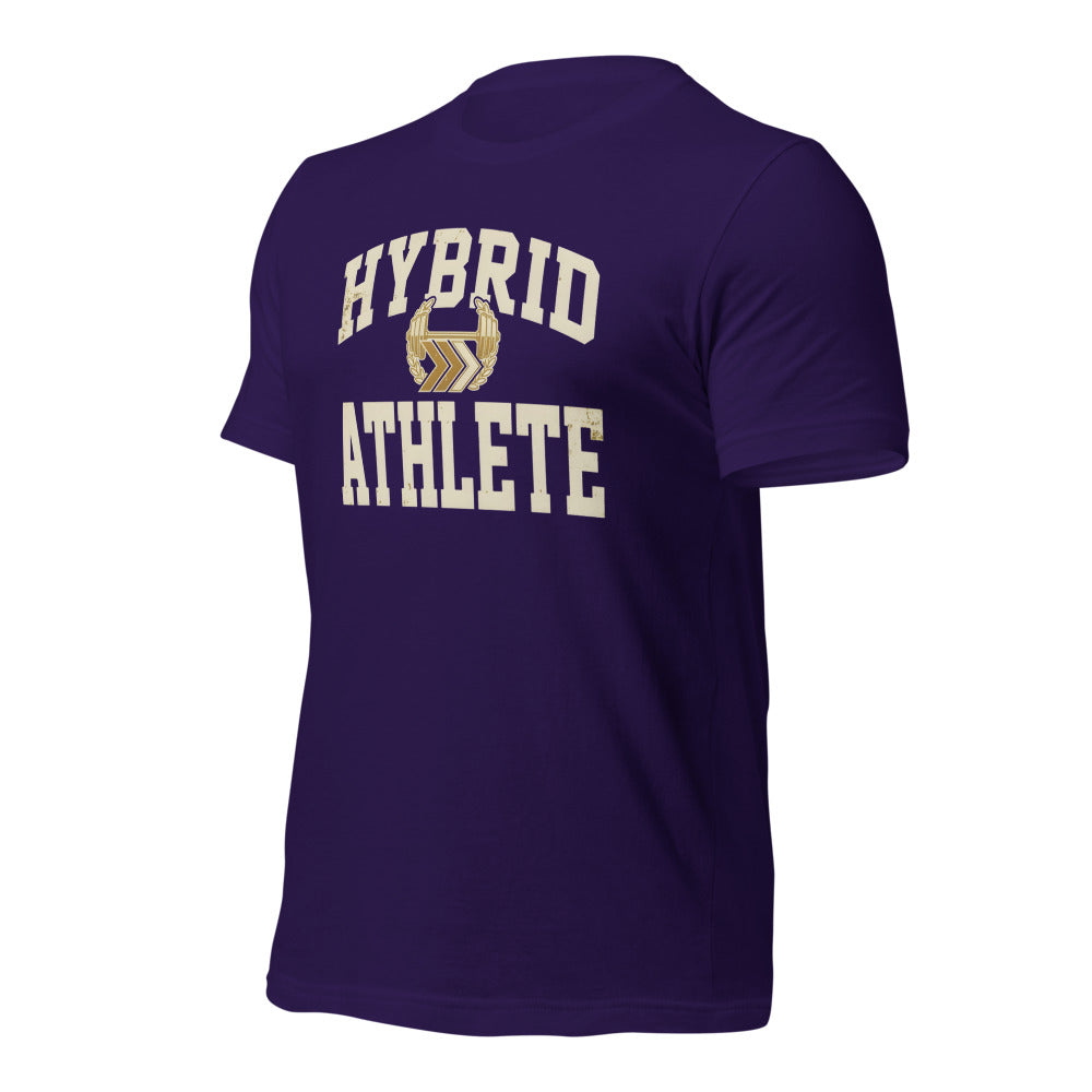 Hybrid Athlete vintage varsity tee — Team Purple, front-right