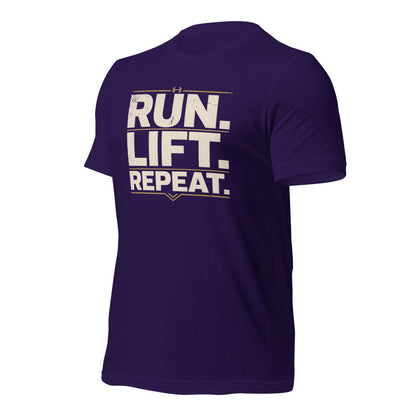 Run Lift Repeat vintage athletic tee — Team Purple, front-right