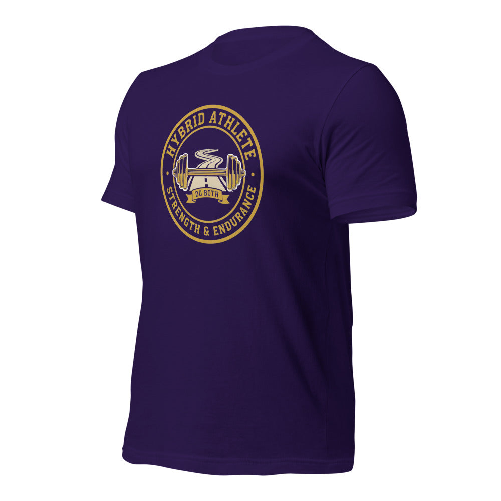 Hybrid Athlete vintage athletic-department crest tee — Team Purple, front-right