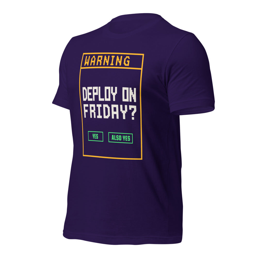 Deploy On Friday programmer tee — Team Purple, front-right