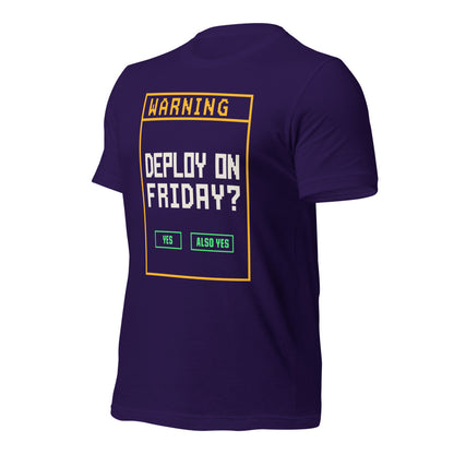 Deploy On Friday programmer tee — Team Purple, front-right