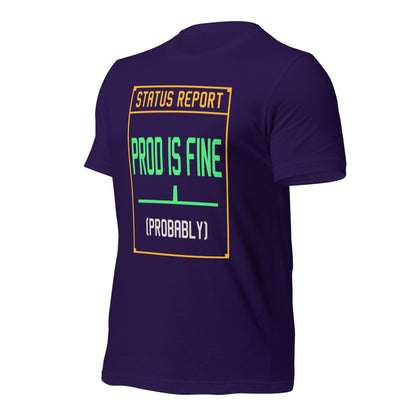 Prod Is Fine programmer tee — Team Purple, front-right
