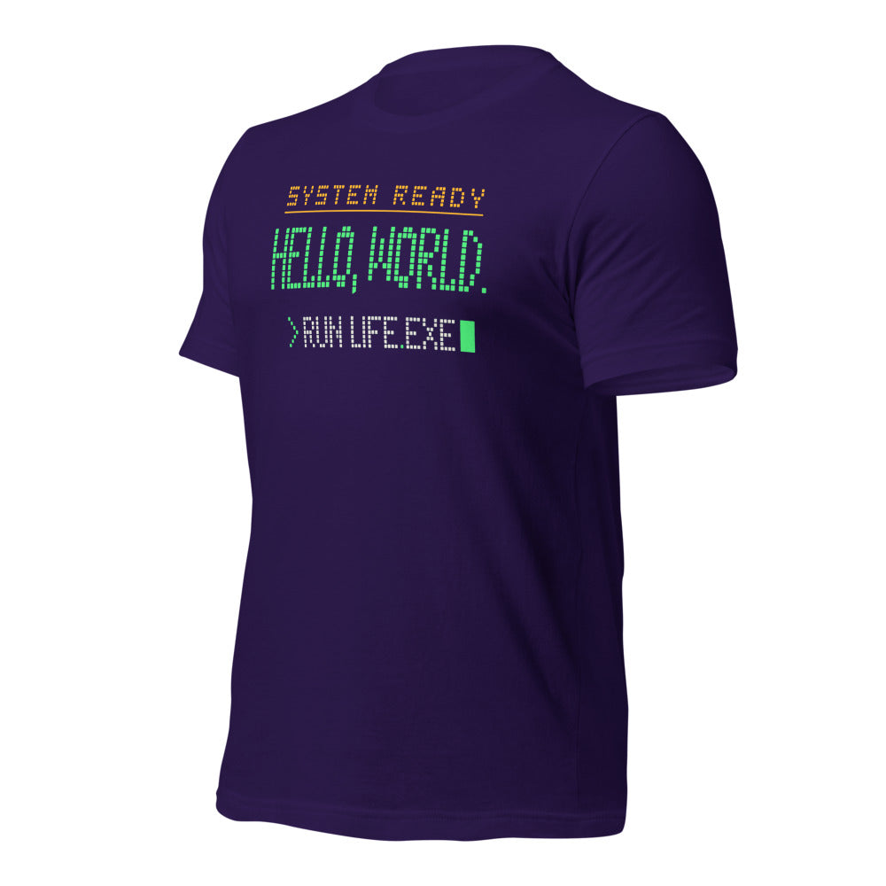 Hello World retro boot screen programmer tee — Team Purple, front-right
