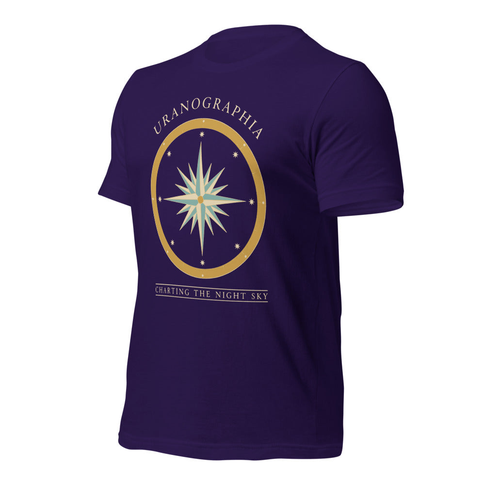 Uranographia vintage celestial chart astronomy tee — Team Purple, front-right