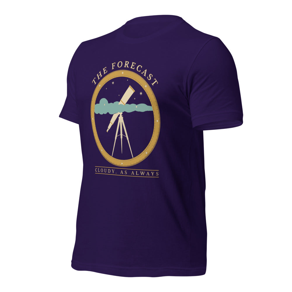 The Forecast Cloudy As Always funny astronomy tee — Team Purple, front-right