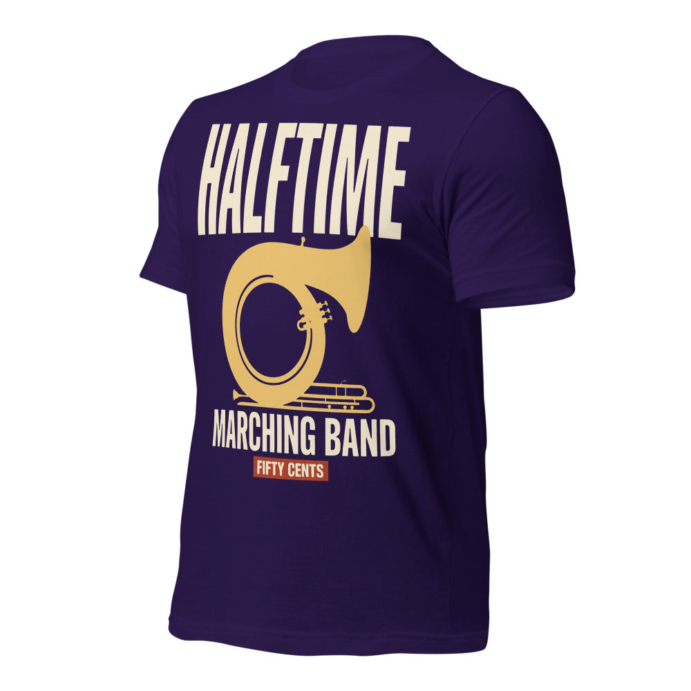 Official Halftime vintage marching band t-shirt — Team Purple, front-right