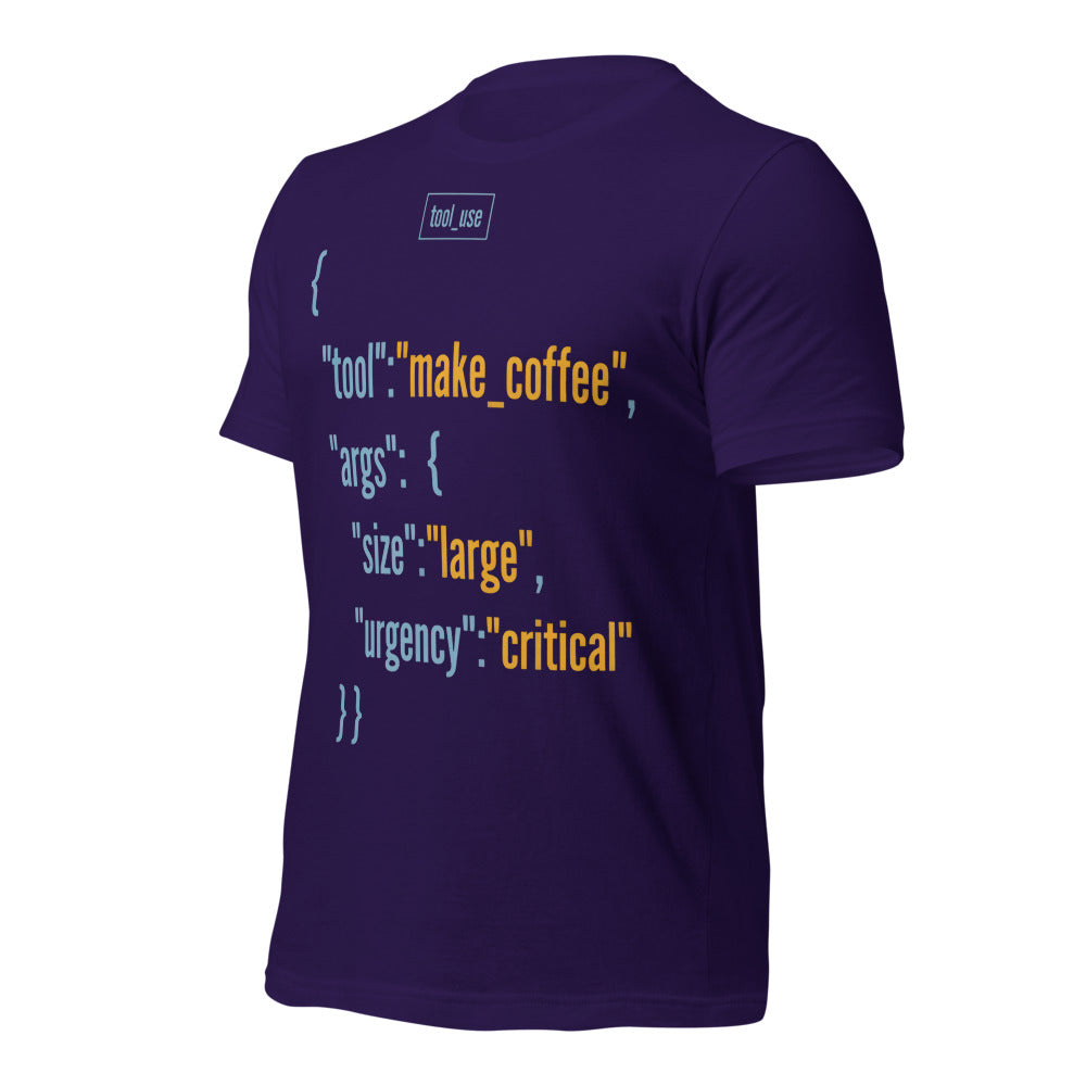 Tool Call Make Coffee AI engineer tee — Team Purple, front-right