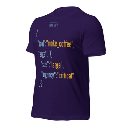 Tool Call Make Coffee AI engineer tee — Team Purple, front-right