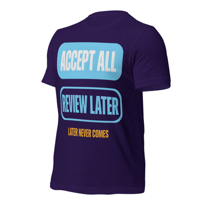 Accept All Review Later tee — Team Purple, front-right