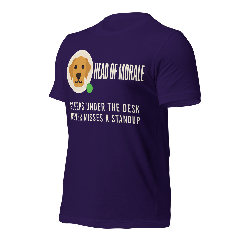 Head of Morale dog profile card unisex t-shirt — Team Purple, front-right