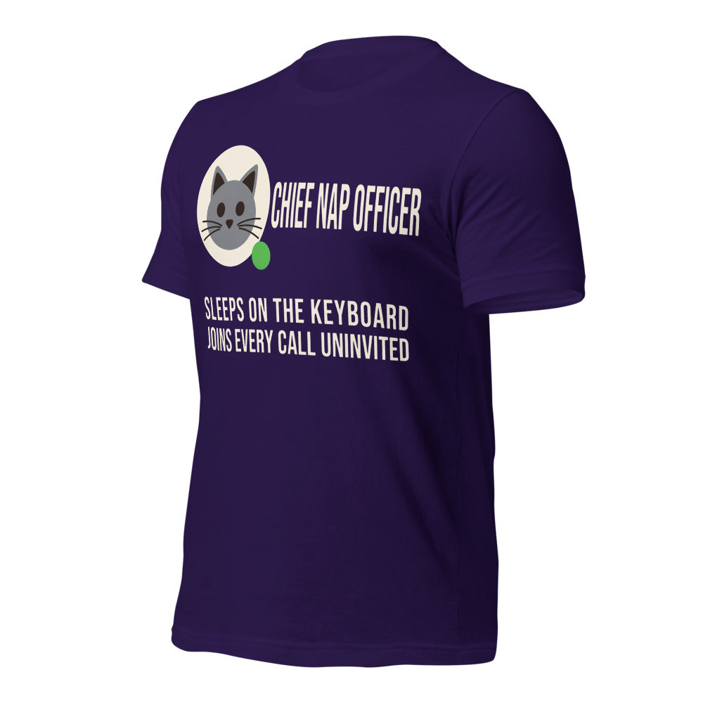 Chief Nap Officer cat profile card unisex t-shirt — Team Purple, front-right