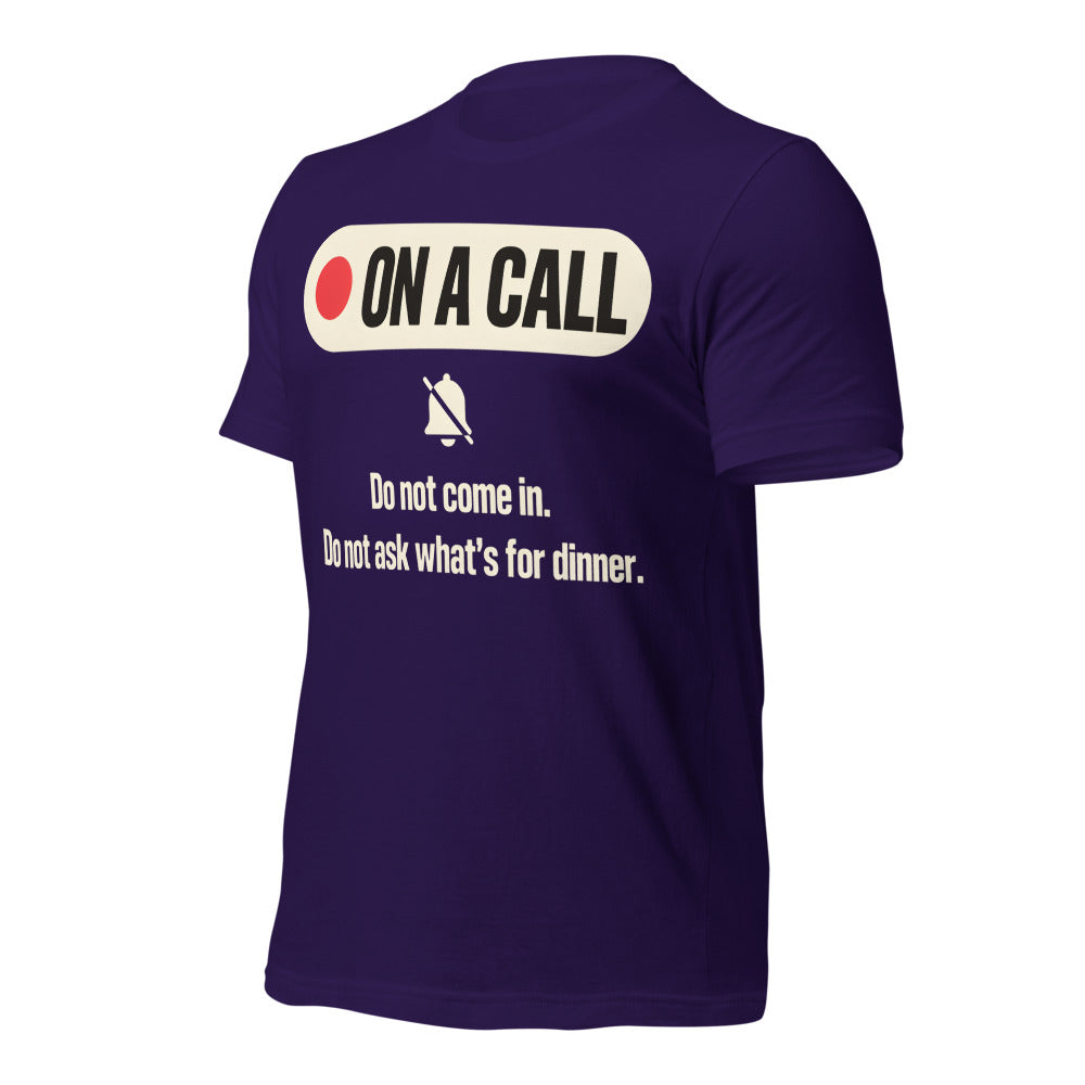 On A Call do not disturb status unisex t-shirt — Team Purple, front-right