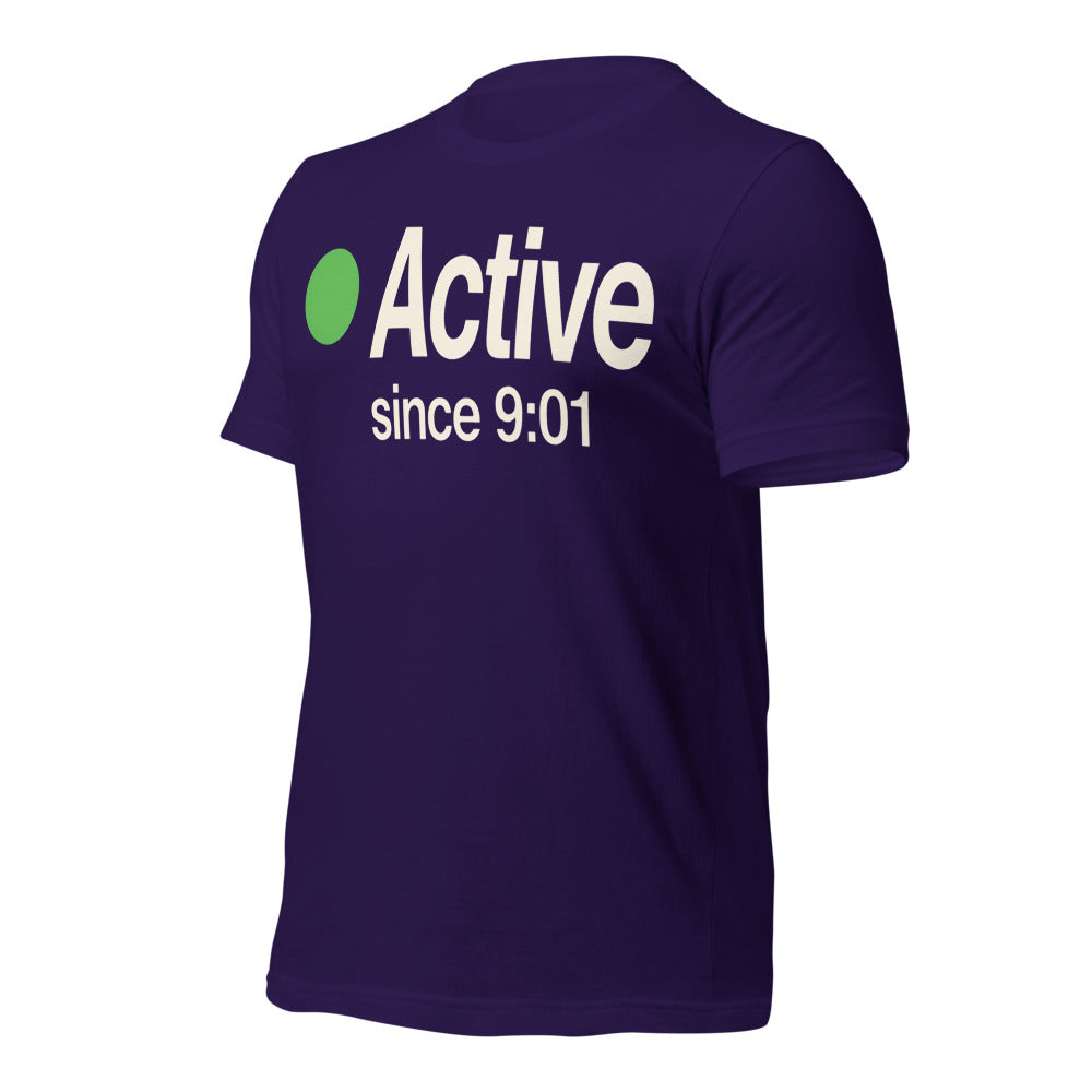 Active Since 9:01 presence status unisex t-shirt — Team Purple, front-right