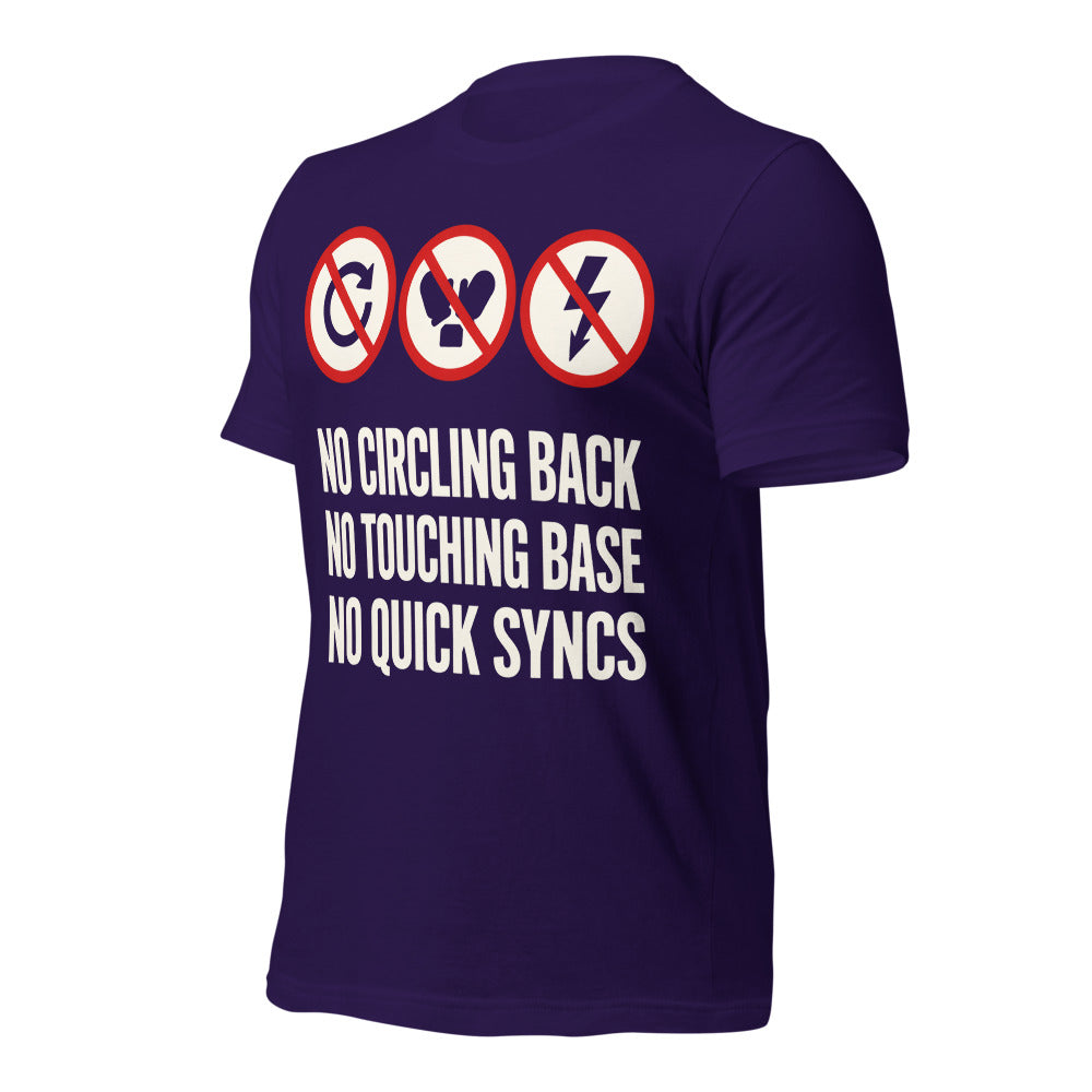 No Circling Back corporate jargon prohibition signs unisex t-shirt — Team Purple, front-right