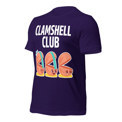Clamshell Club funny physical therapy tee — Team Purple, front-right