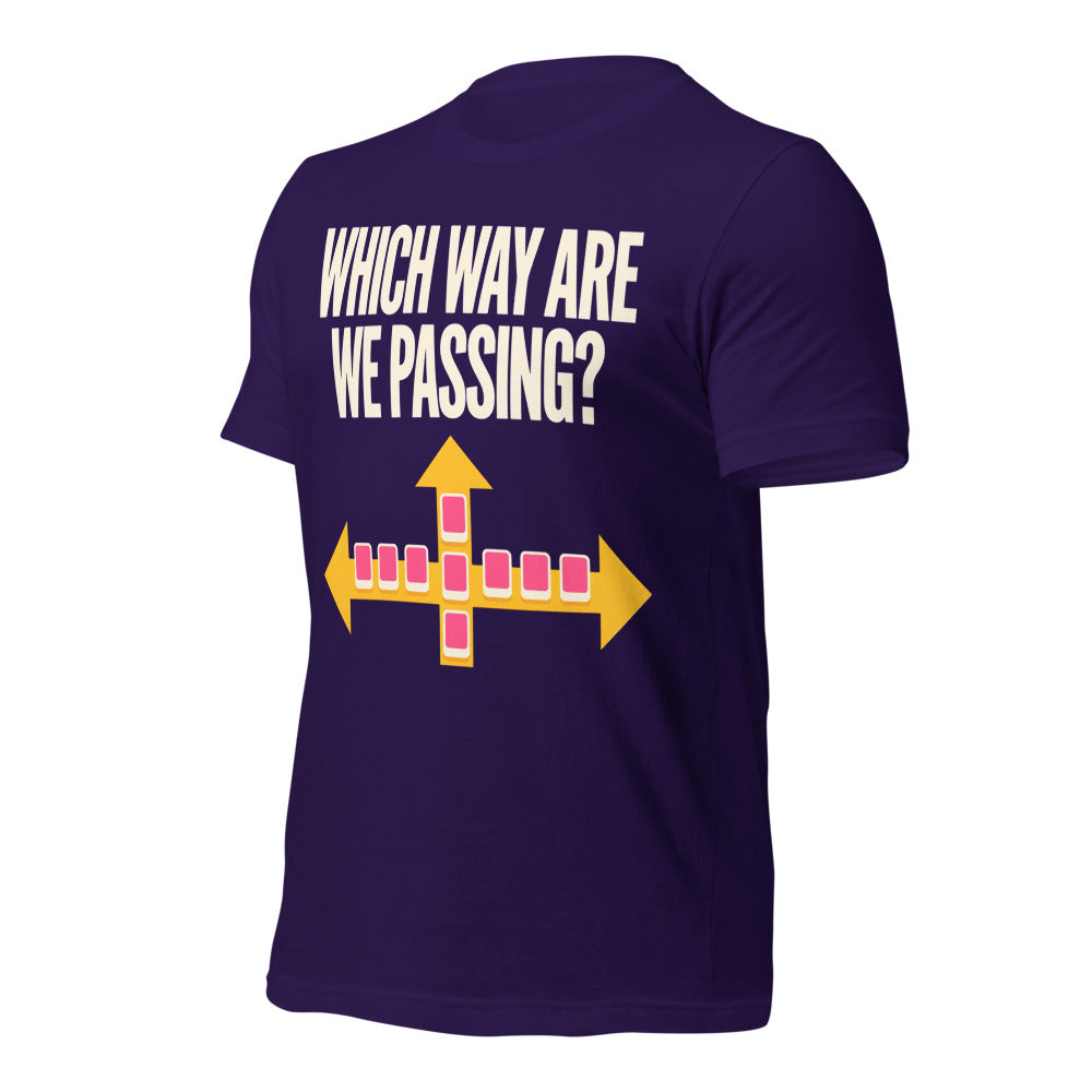Which Way Are We Passing funny mahjong tee — Team Purple, front-right