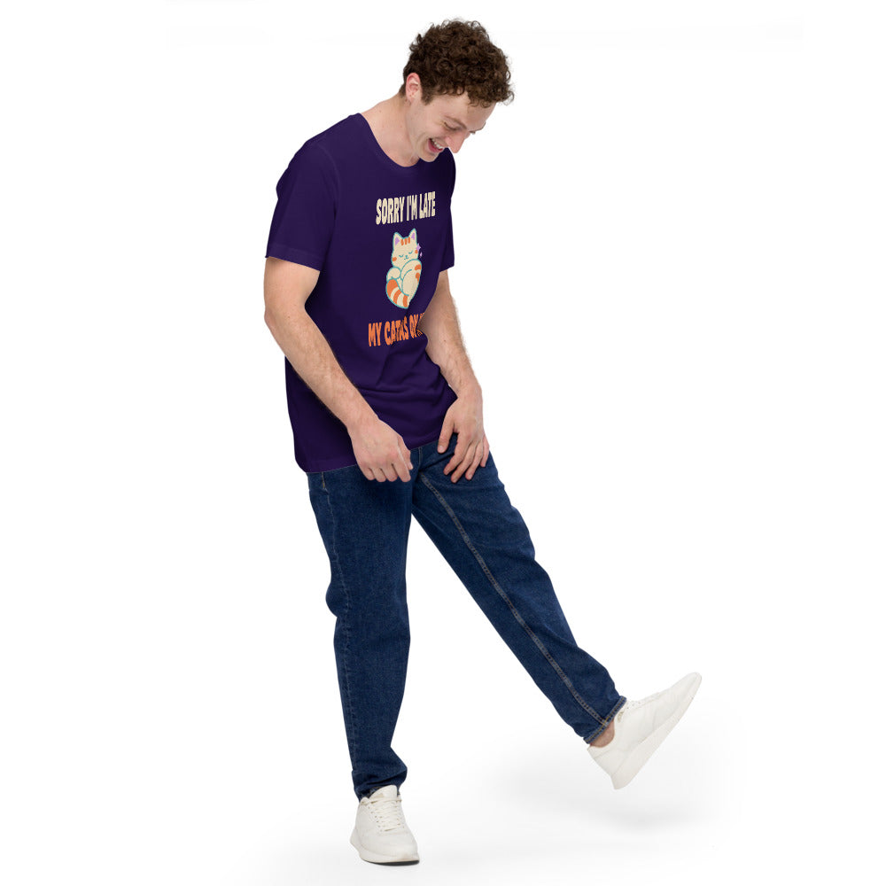 Sorry I'm Late My Cat Was On Me funny cat mom t-shirt — Team Purple, on model