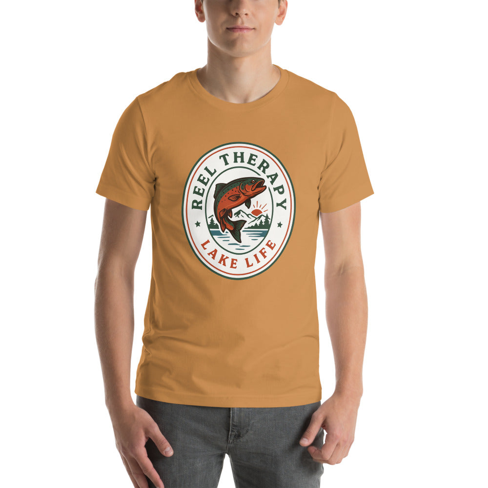 Reel Therapy retro national-park trout badge fishing tee — Toast, on model