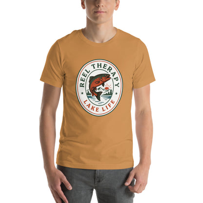 Reel Therapy retro national-park trout badge fishing tee — Toast, on model