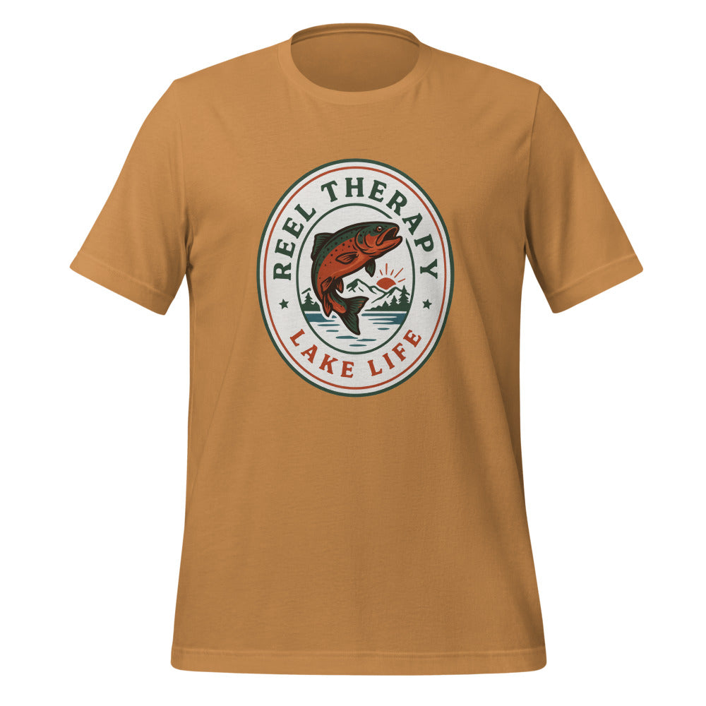 Reel Therapy retro national-park trout badge fishing tee — Toast, front