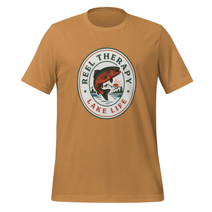 Reel Therapy retro national-park trout badge fishing tee — Toast, front