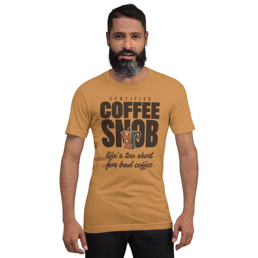 Certified Coffee Snob coffee tee — Toast, on model