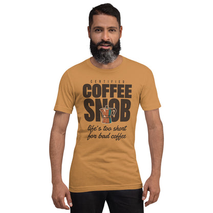 Certified Coffee Snob coffee tee — Toast, on model