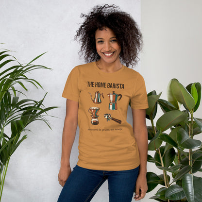 The Home Barista specialty coffee tee — Toast, on model