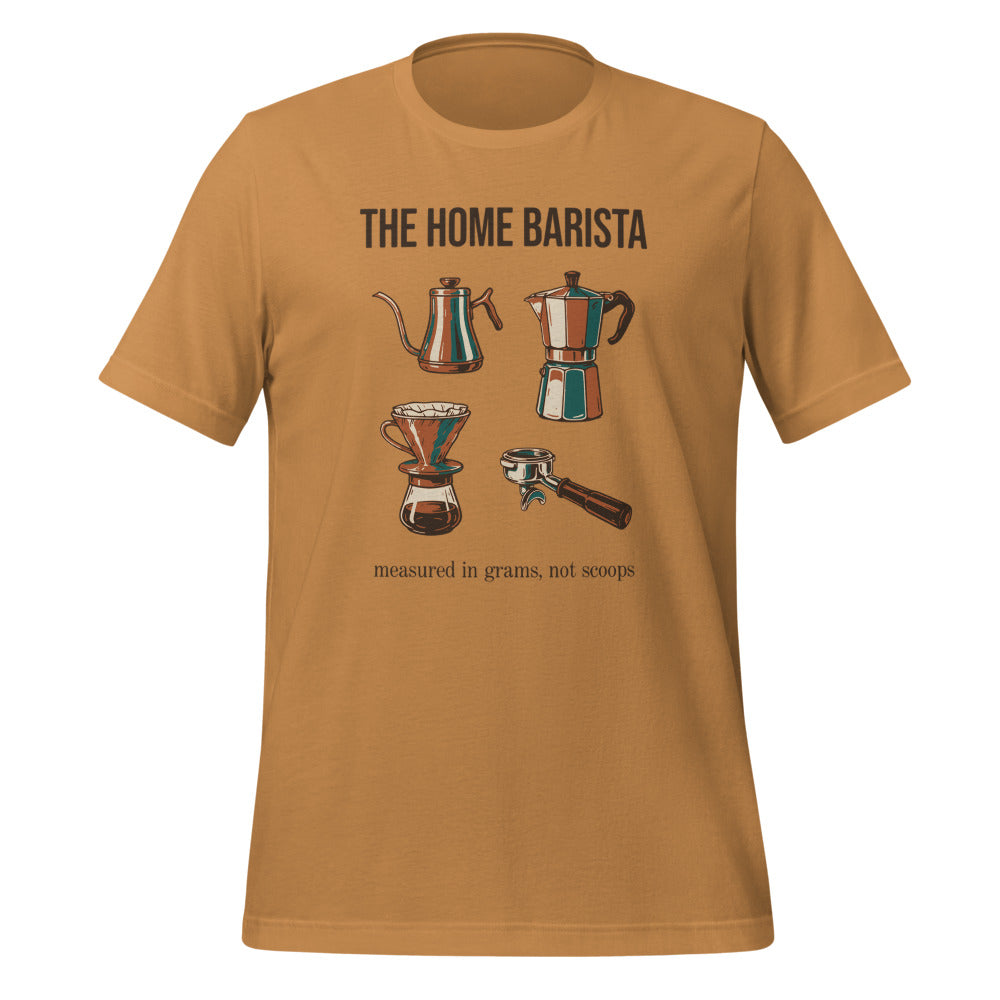 The Home Barista specialty coffee tee — Toast, front