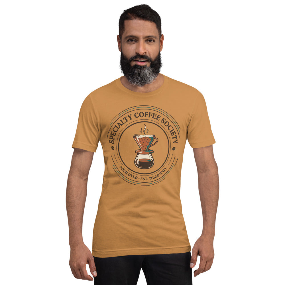 Specialty Coffee Society specialty coffee tee — Toast, on model