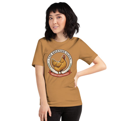 Backyard Flock heritage chicken keeper tee — Toast, on model