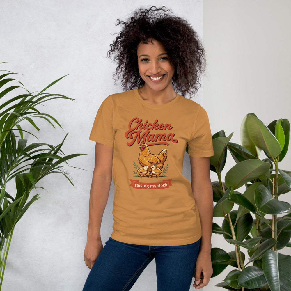 Chicken Mama raising my flock chicken keeper tee — Toast, on model