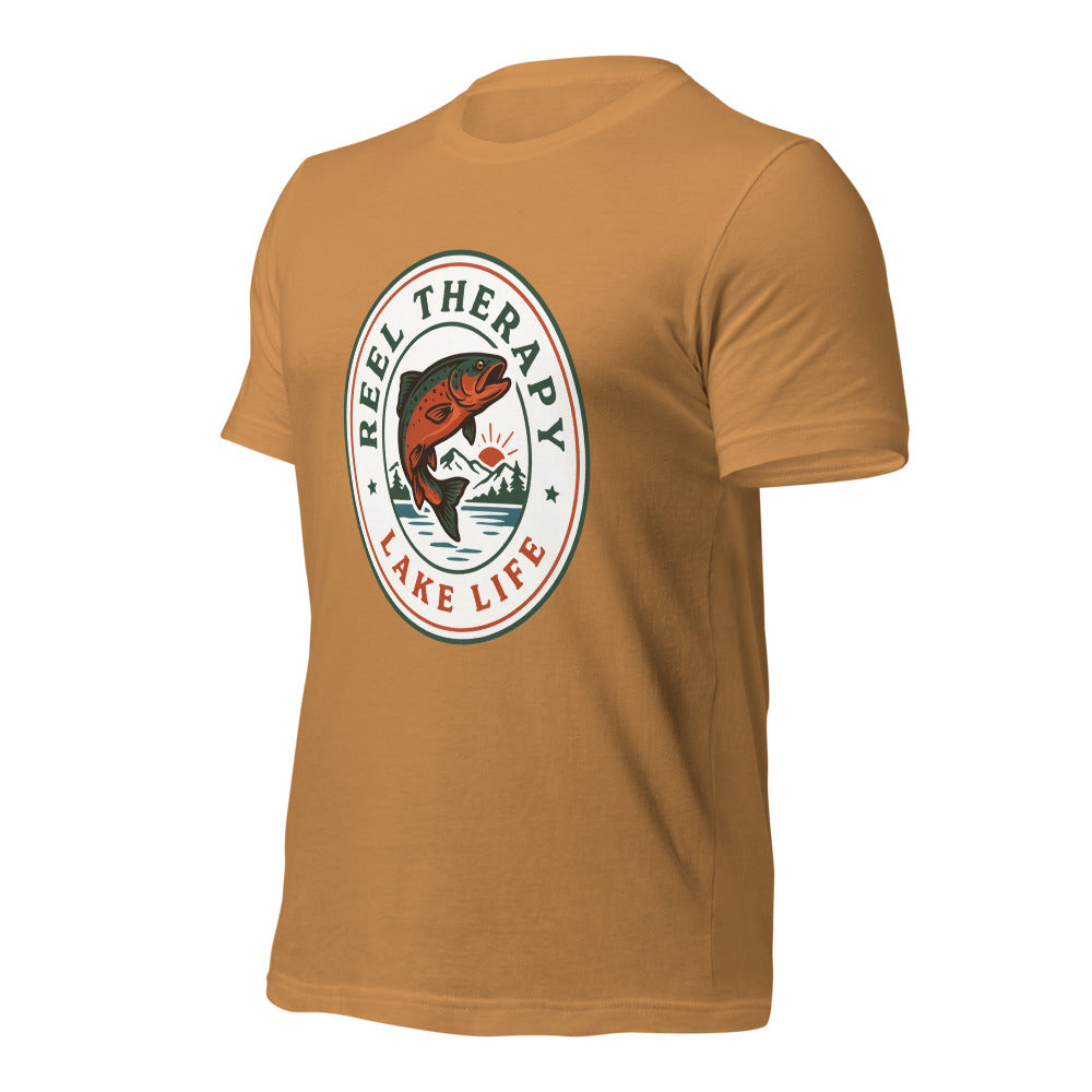 Reel Therapy retro national-park trout badge fishing tee — Toast, front-right