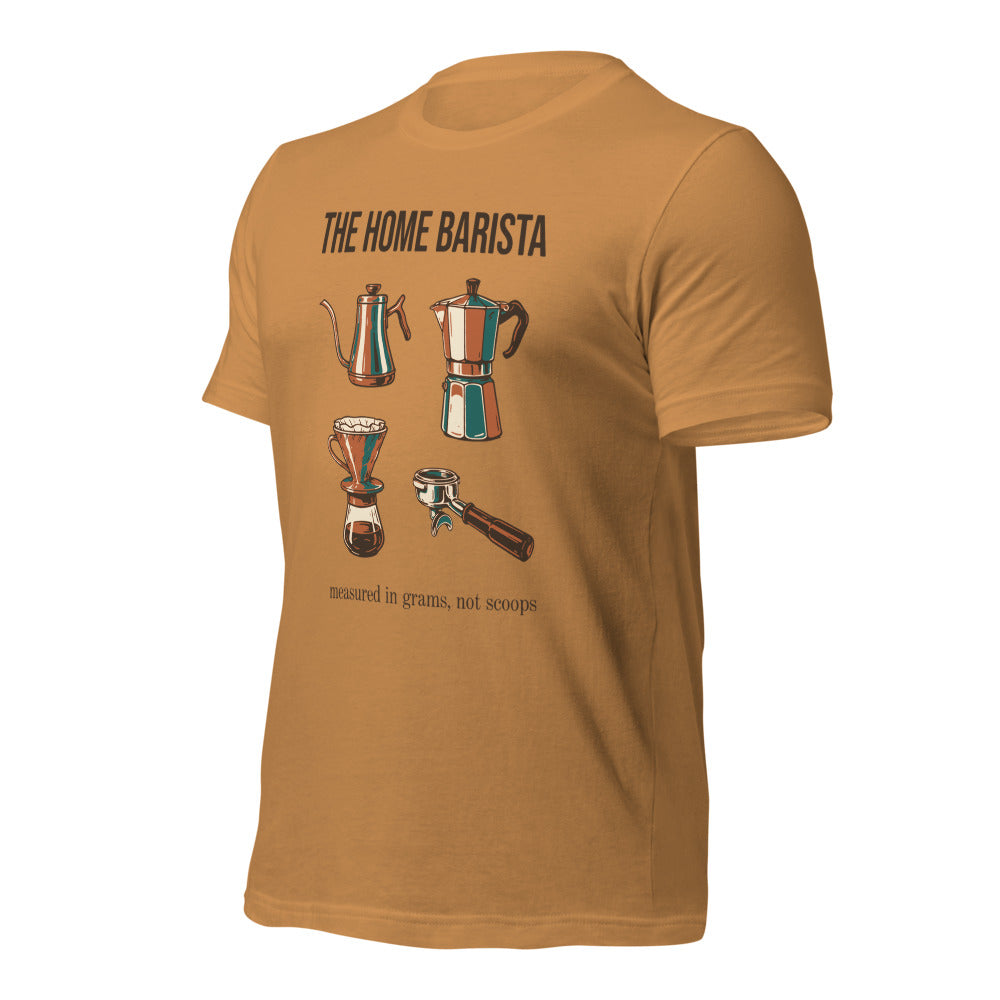 The Home Barista specialty coffee tee — Toast, front-right