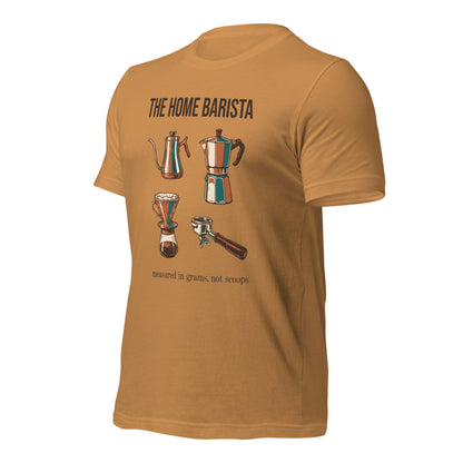 The Home Barista specialty coffee tee — Toast, front-right