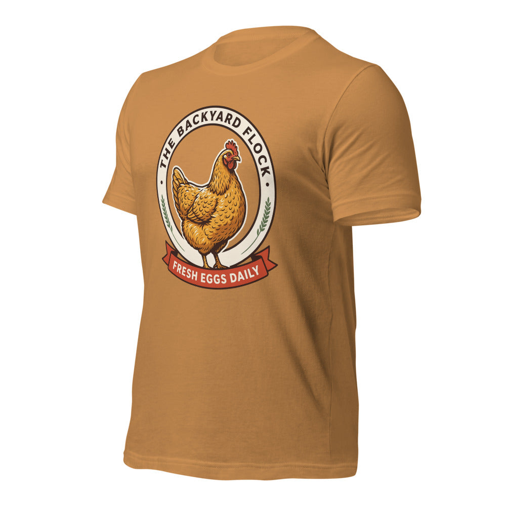 Backyard Flock heritage chicken keeper tee — Toast, front-right