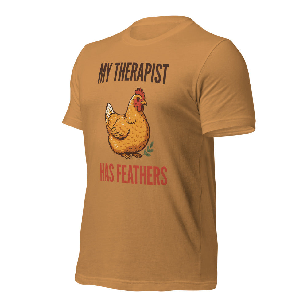 My Therapist Has Feathers funny chicken keeper tee — Toast, front-right
